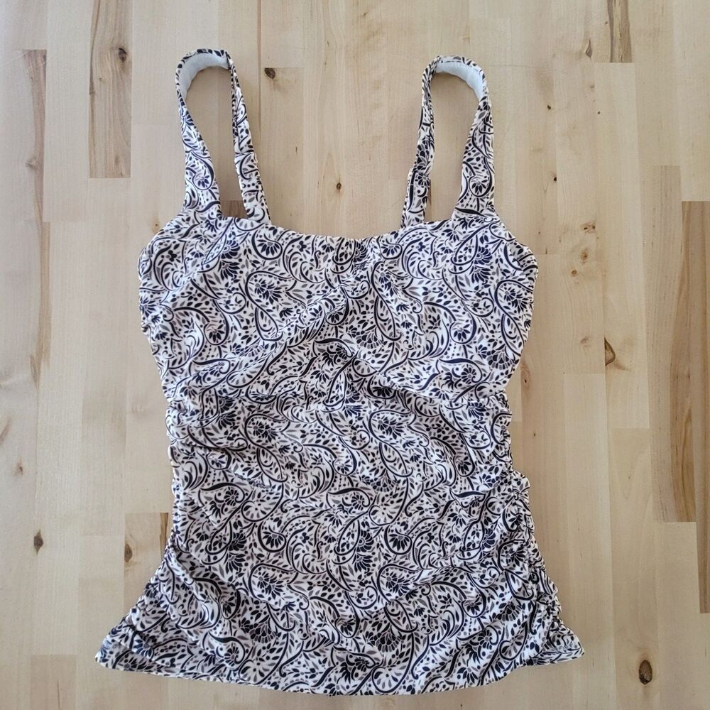 Athleta Brown & White Tankini Swim Top Aqualuxe Batik Jacobean 34D/DD Pool Beach - Picture 4 of 9